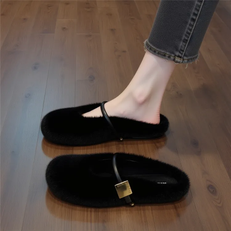 黑色兔毛绒法式温柔毛毛鞋女秋冬2025新款加绒外穿保暖包头半拖鞋