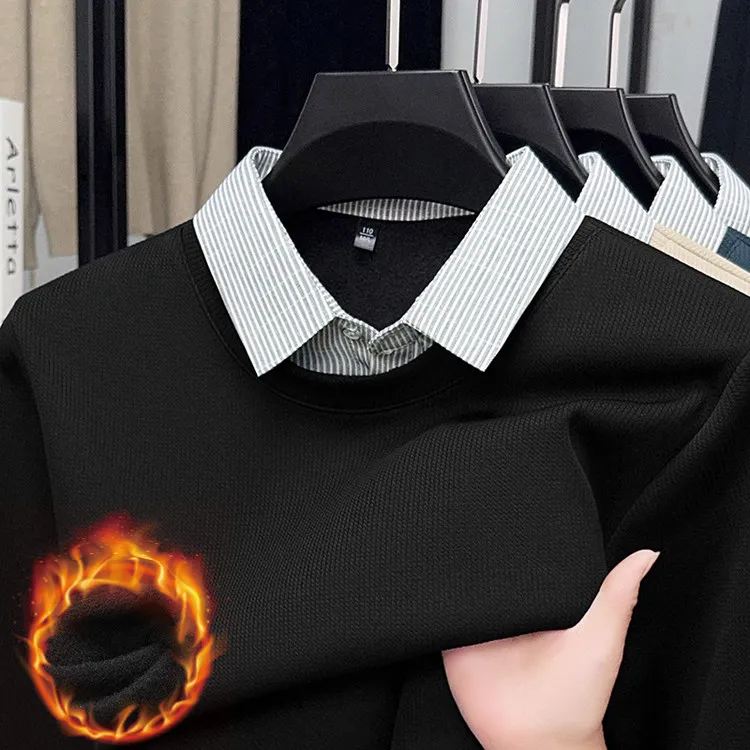 保罗乔威迪加绒加厚假两件秋冬polo衫男款长袖保暖潮流男士上衣