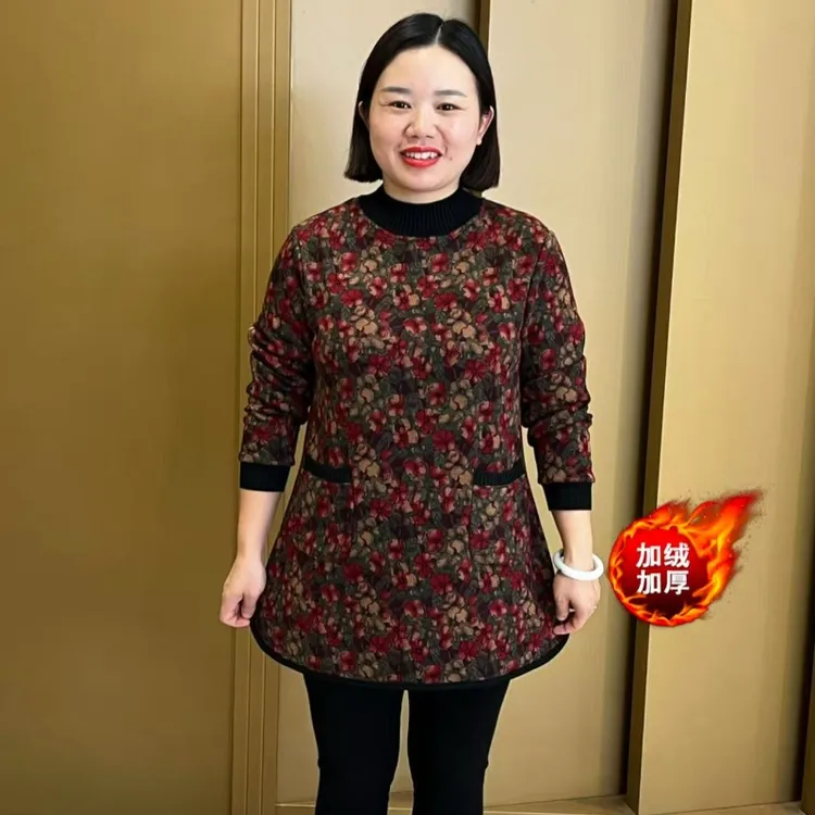 秋冬新款半高领小碎花加绒加厚遮肉显瘦洋气大码上衣