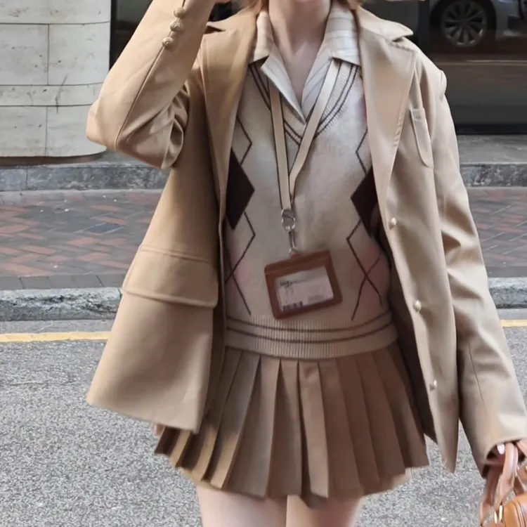 小小仟 「美拉德叠穿」职场少女小个子西装外套 竖条纹掐腰衬衣
