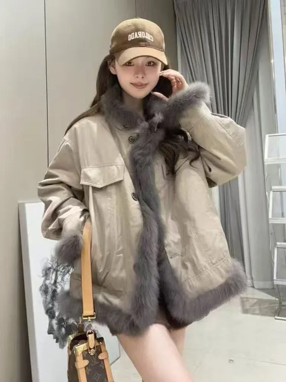 2025年秋冬季新款毛毛拼接设计感加厚外套