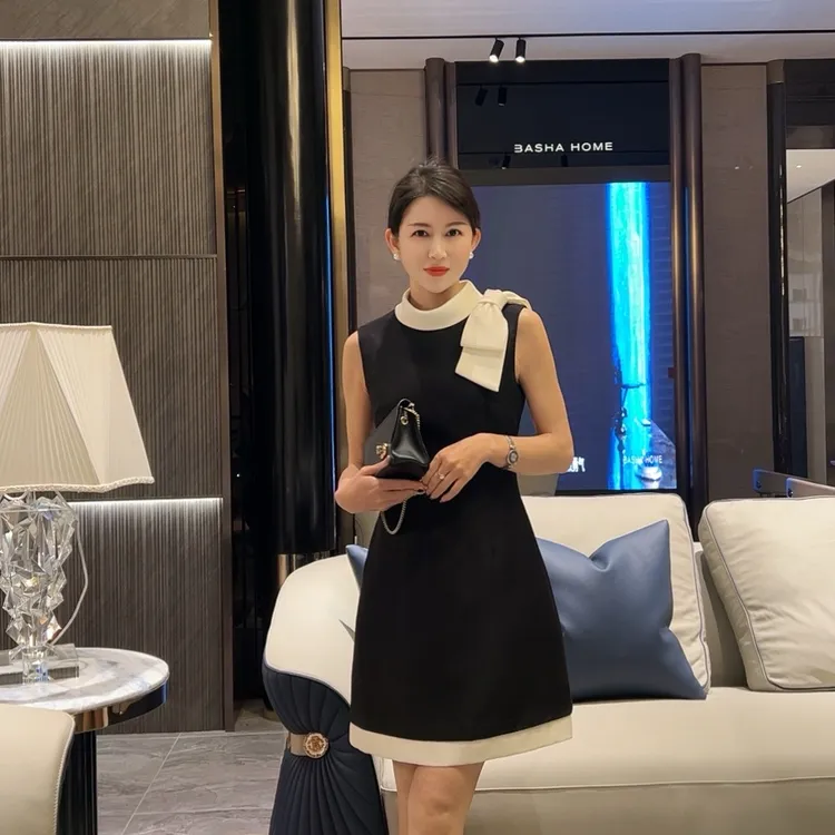 【夜幕蝶语】2531安妮老板黑白撞色蝴蝶结气质无袖显瘦有口袋连衣裙