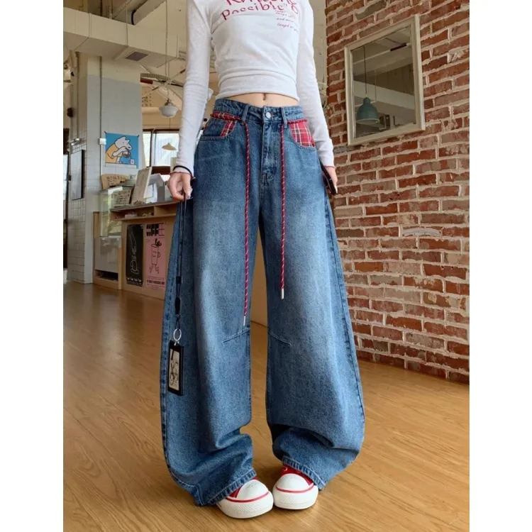 【现货+运费险+送挂绳】美式格子拼接弯刀牛仔裤女秋季新款高腰宽松