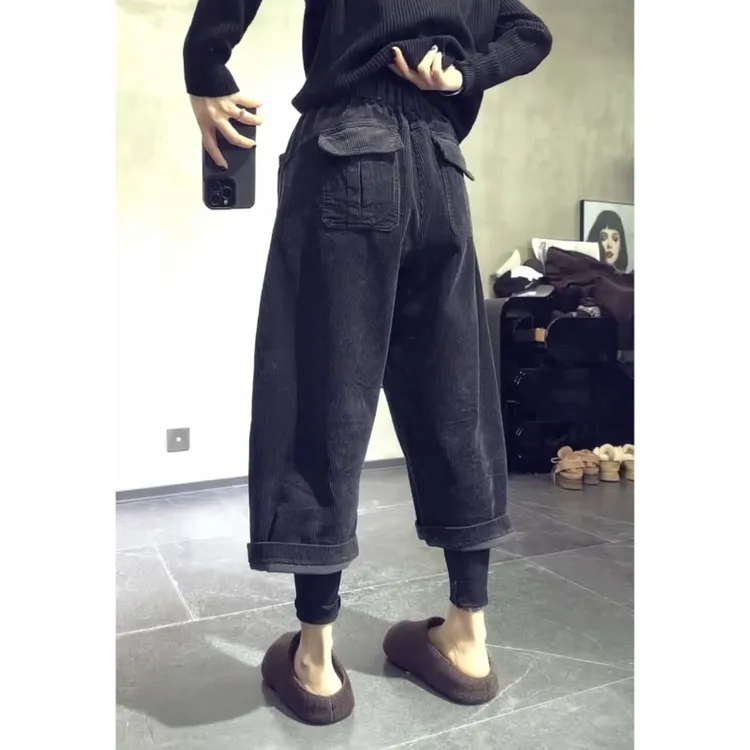 Aimeerosa/艾洛莎灯芯绒兜盖休闲裤女2025秋季宽松显瘦九分哈伦裤
