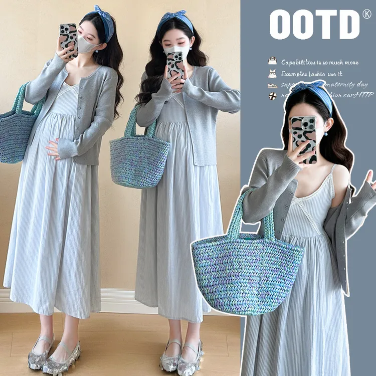 孕妇春装2025新款套装时尚早春吊带连衣裙春秋薄款外套上衣两件套