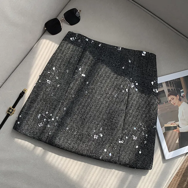 【南油溪溪】亮片设计感秋冬毛呢短裙高腰显瘦气质A字半身裙802067