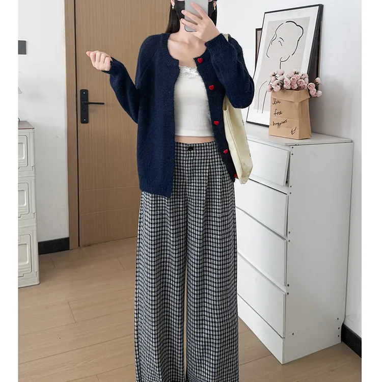 【洋气时尚百搭复古】秋冬高腰格子加绒休闲风直筒阔腿阔腿裤外穿
