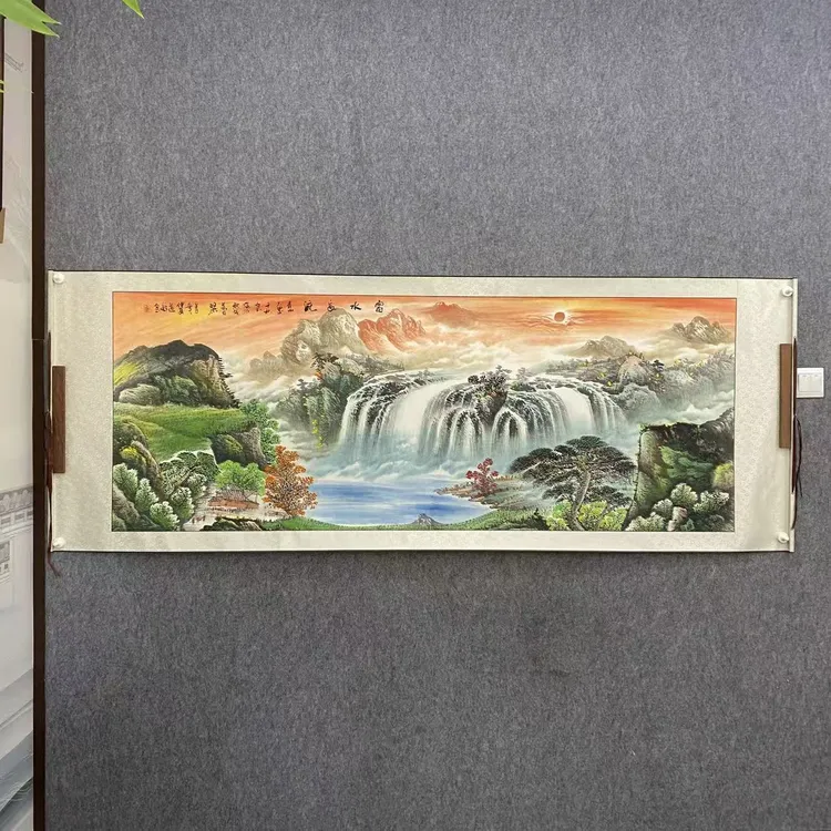 《富水长流》纯手绘六尺山水画横幅卷轴青绿客厅茶室国画挂画作品