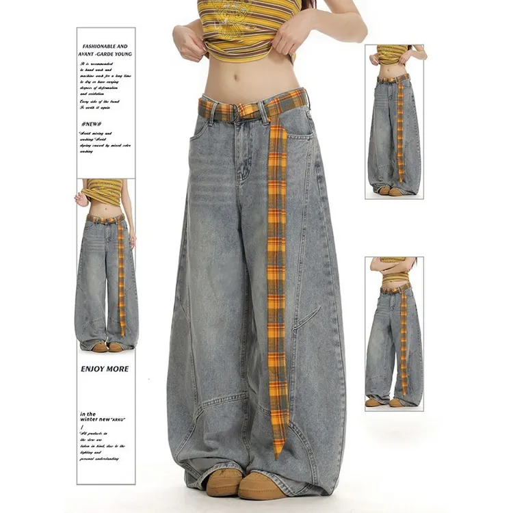 【送腰带】美式卡通毛巾绣弯刀牛仔裤女秋冬宽松直筒阔腿拖地镰刀裤