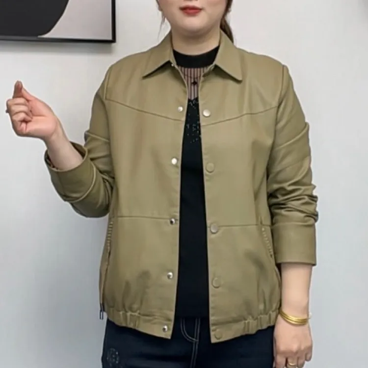 PX16秋季女士翻领宽松长袖新款时尚洋气休闲百搭显瘦皮夹克外套