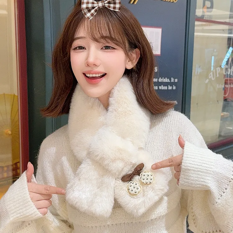 秋冬季百搭加厚毛绒围脖围巾高级感纯色护颈个性花边樱桃交叉围巾