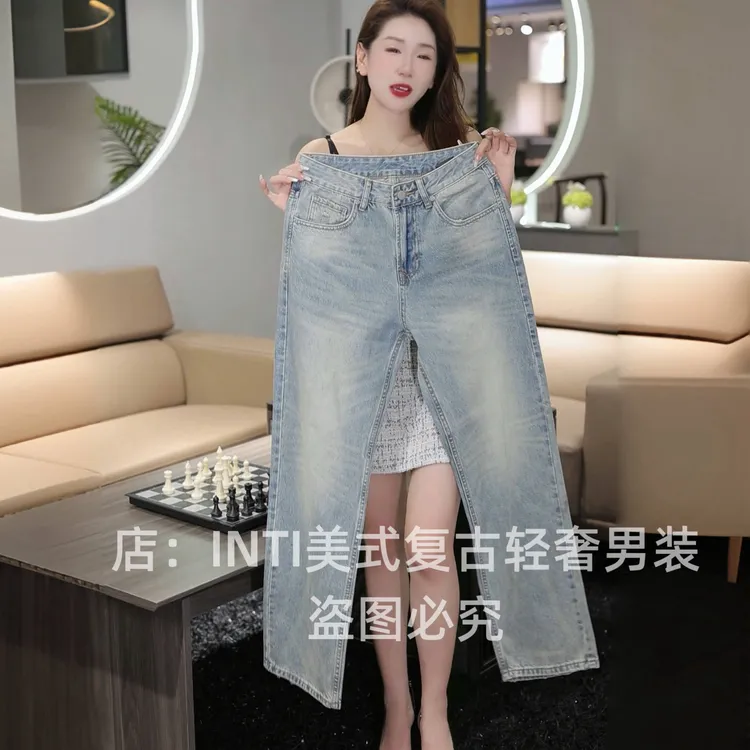 秋季原创高端美式复古水洗浅蓝色简约百搭男士宽松直筒牛仔裤休闲