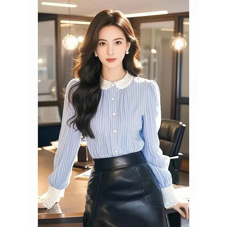 2025秋季新款娃娃领长袖衬衫淑女气质减龄蓝色条纹女士上衣