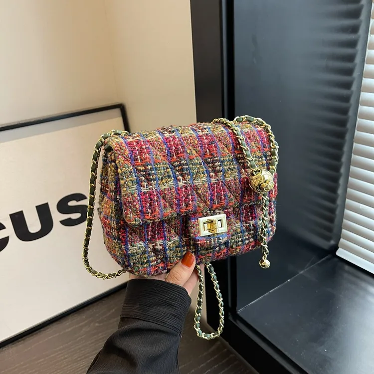 小香风2024秋冬新款毛呢方胖子女包单肩斜挎包千鸟格复古链条包