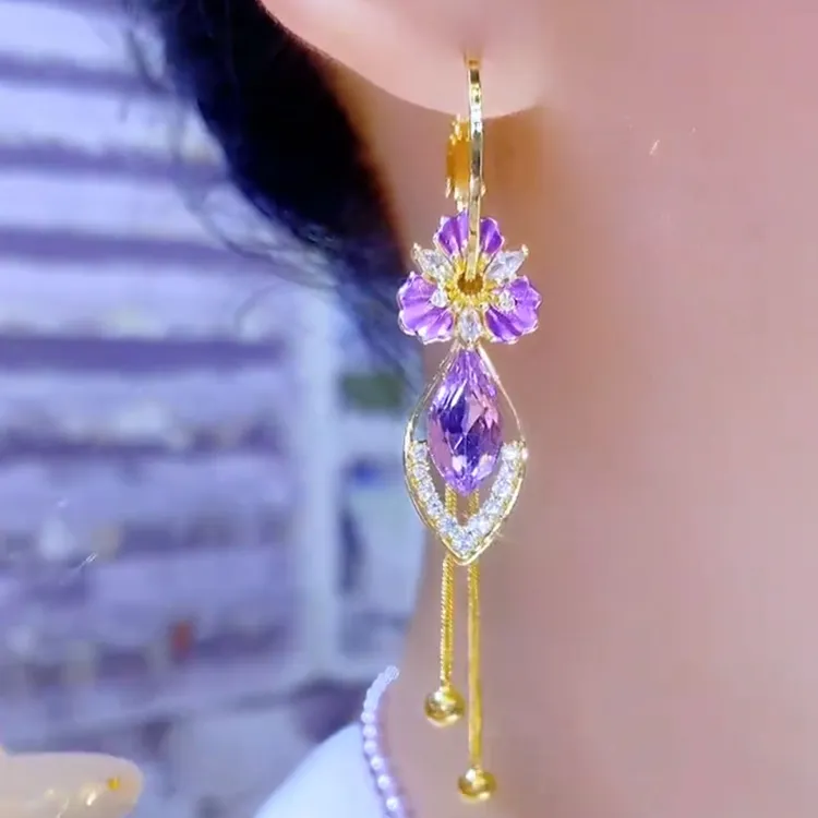 铜合金耳饰 时尚百搭轻奢高级感独特紫色花瓣流苏小众设计感耳饰