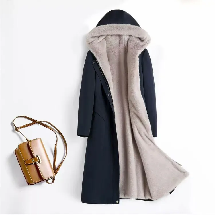 长款 冬季貂绒尼克服长款过膝保暖大衣连帽女装[长度108-113]