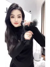 6981#洋气设计感毛绒长袖打底衫秋冬半高领修身显瘦内搭T恤（约50）
