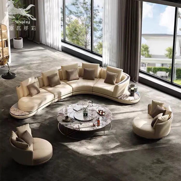 法式轻奢复古意式沙发高级感别墅大户型豪宅客厅弧形真皮沙发组合