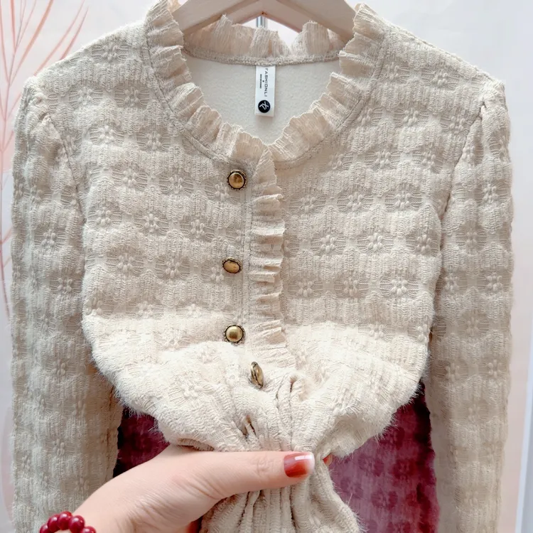 木耳领小香风加绒保暖蕾丝打底衫上衣宽松衬衫气质百搭外穿小衫女