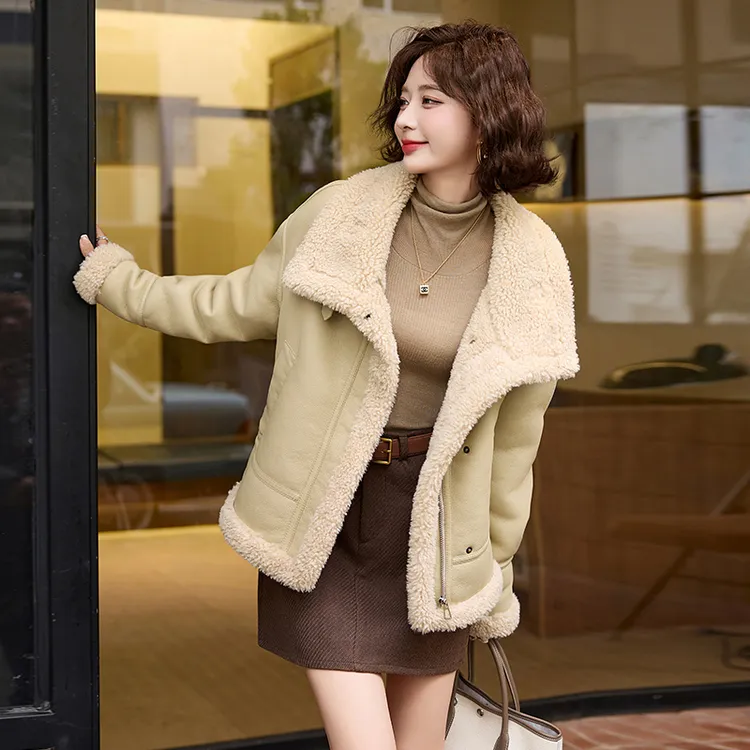 潮牌加绒加厚机车皮衣棉服男冬季宽松大码皮毛一体羊羔绒夹克外套