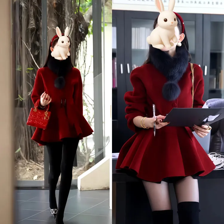 2025千金立领冬季可爱风厚款长袖毛呢外套洋气显瘦外套加厚带围脖