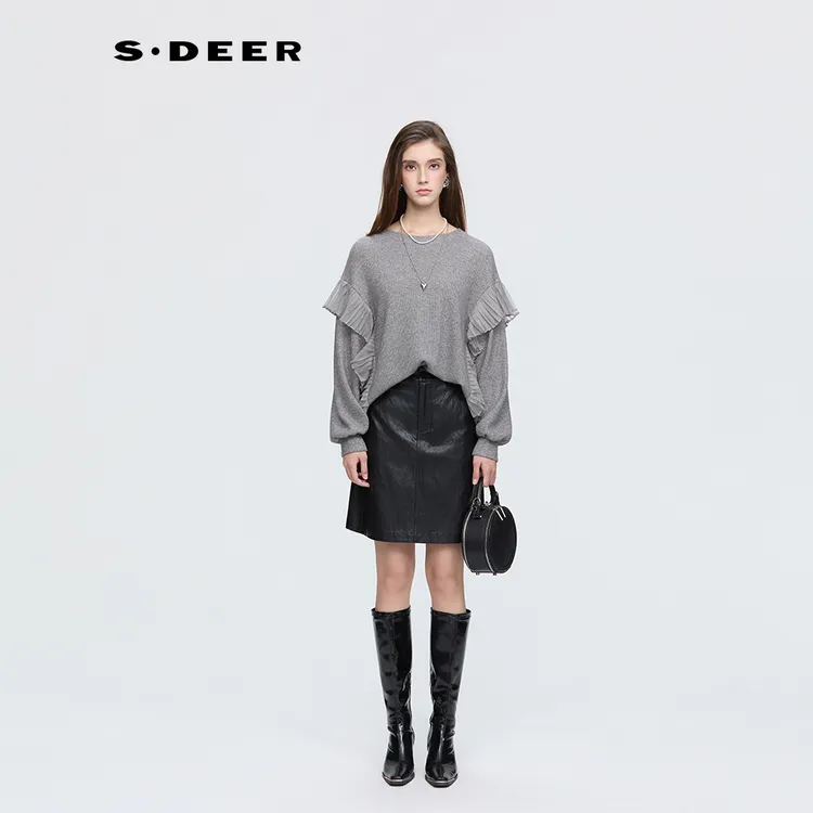 S·DEER圣迪奥女装2025年新款荷叶边不规则宽松针织衫S254Z2202
