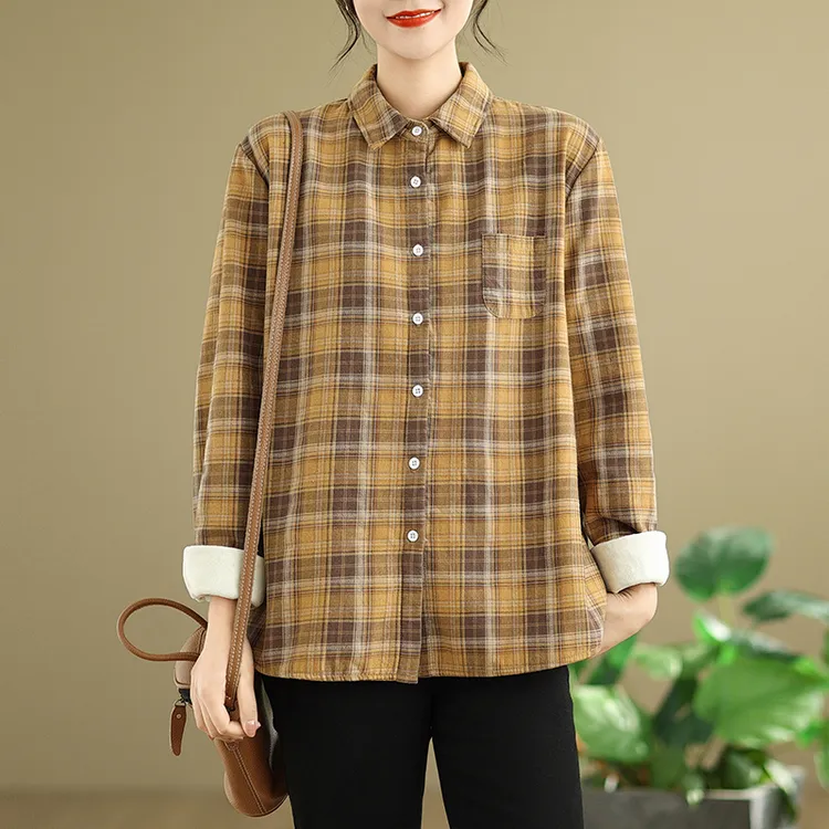 时尚长袖翻领衬衣女式色织工艺黄色格纹衬衫上衣加绒/不加绒可选