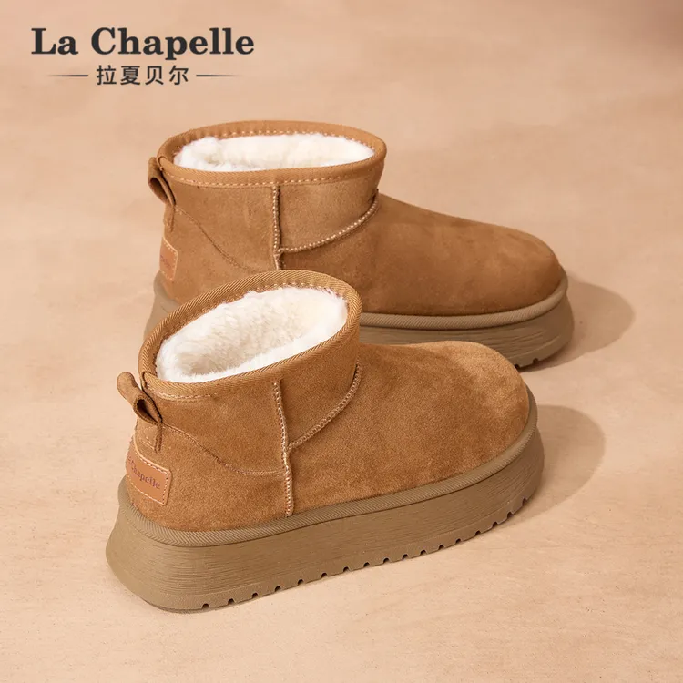 拉夏贝尔厚底雪地靴女2025新款冬季加绒加厚增高保暖户外休闲棉鞋