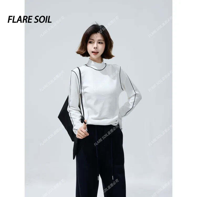 【FLARE SOIL】极简立领撞色明缝线条高领百搭韩系打底T恤 T40236A