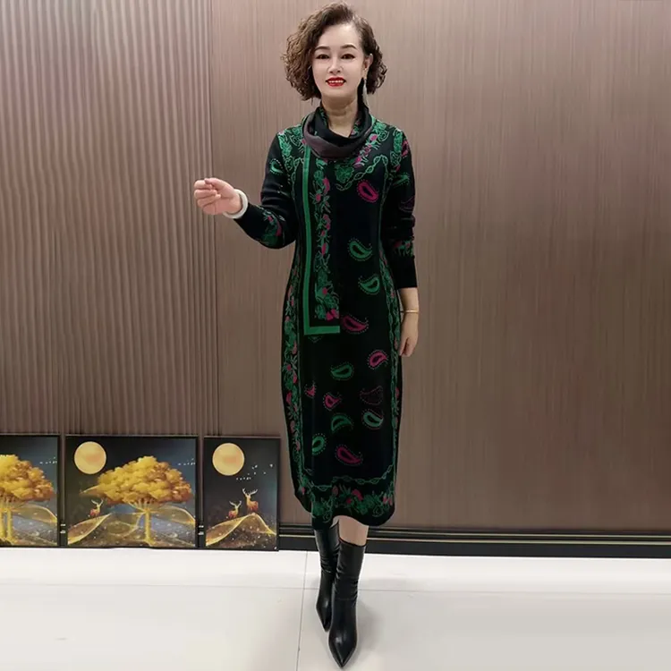 H秋季新款妈妈针织连衣裙2025气质优雅宽松显瘦套头大码毛衣裙