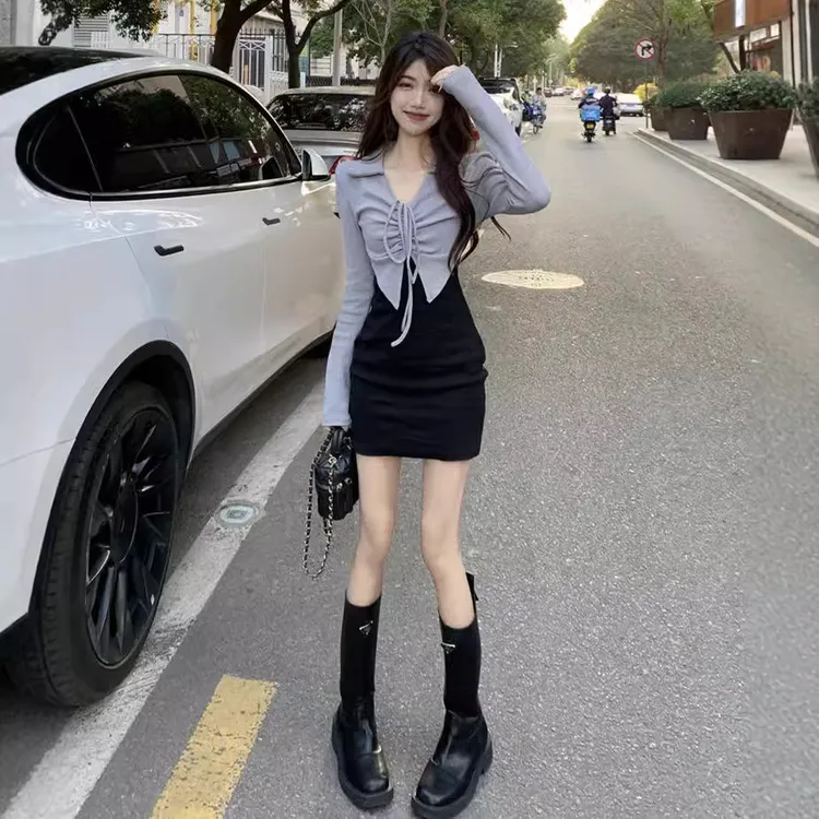 甜辣温柔风假两件长袖连衣裙女早秋设计感复古辣妹性感包臀裙短裙