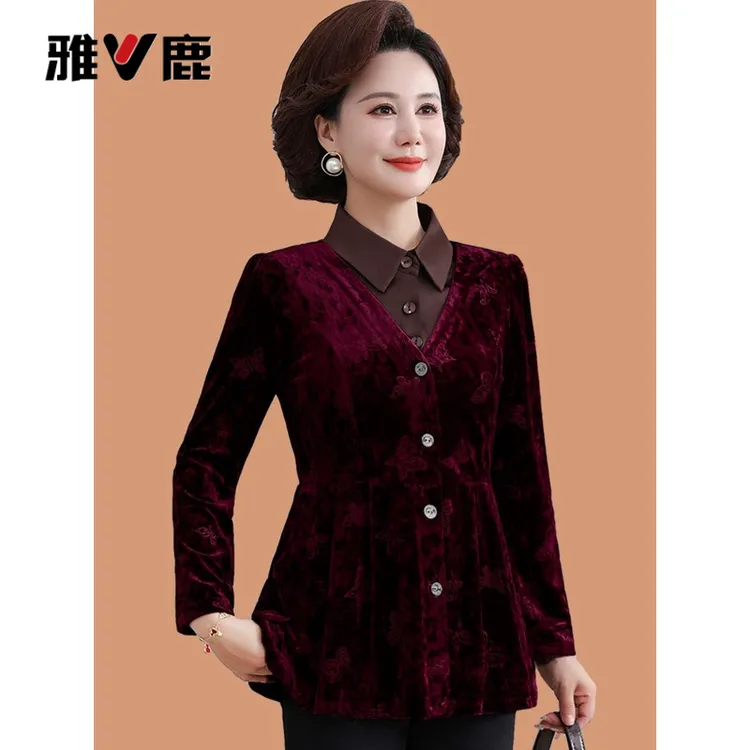 雅鹿优选中年妈妈秋装新款恤衬衫洋气中老年女春秋金丝绒翻领打底