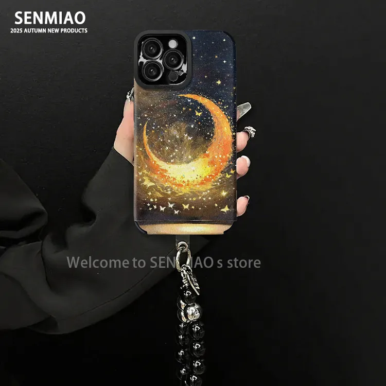 适用【苹果/oppo/华为/vivo/小米】油画月亮黄小羊皮防摔手机壳女款