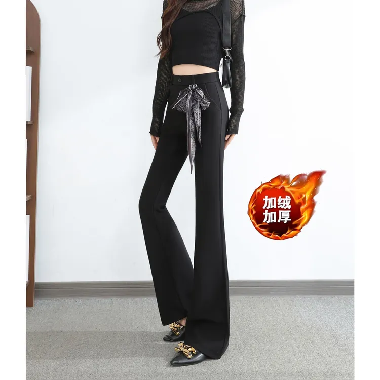 2502秋冬轻奢丝巾正版马蹄西装裤女高腰微喇裤修身垂感拖地长裤
