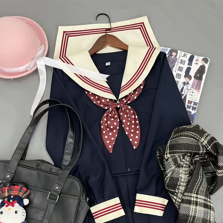 绀三本米领jk水手服基础波点学院风漫画感日系百褶裙套装校服春夏