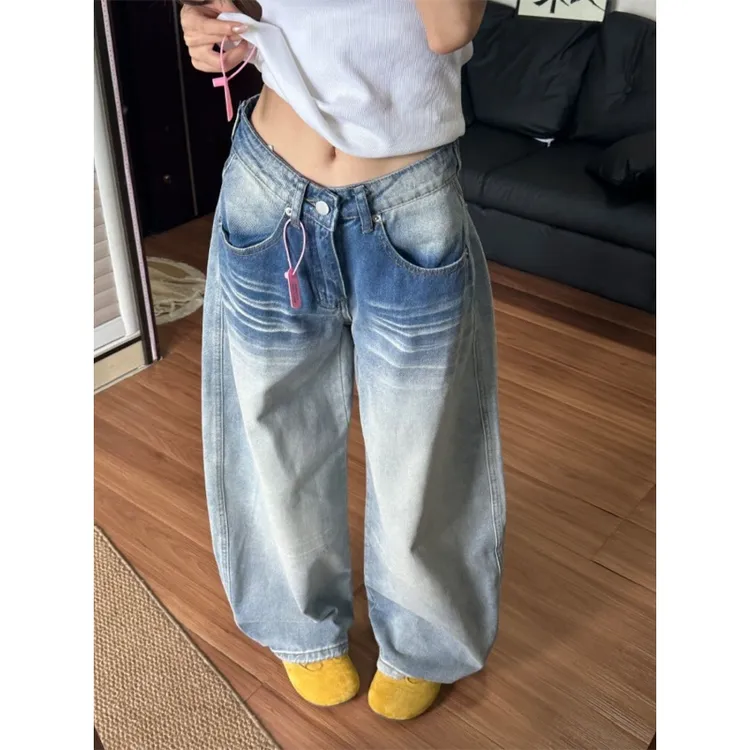 高个子加长版立体猫须设计感弯刀牛仔裤女新款宽松显瘦百搭阔腿裤