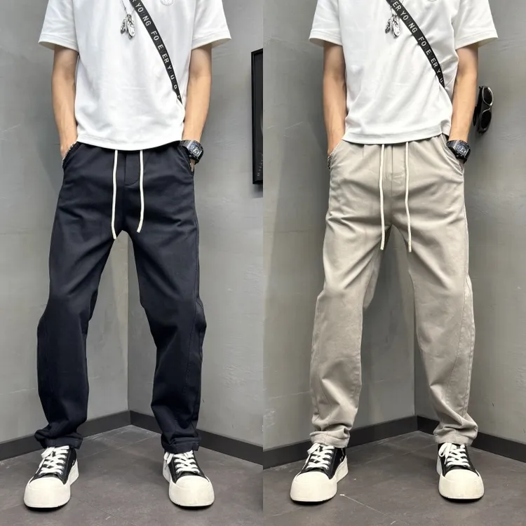 拼接宽松休闲裤宽松微弹抽绳直筒裤痞帅高级感秋季百搭裤子潮男