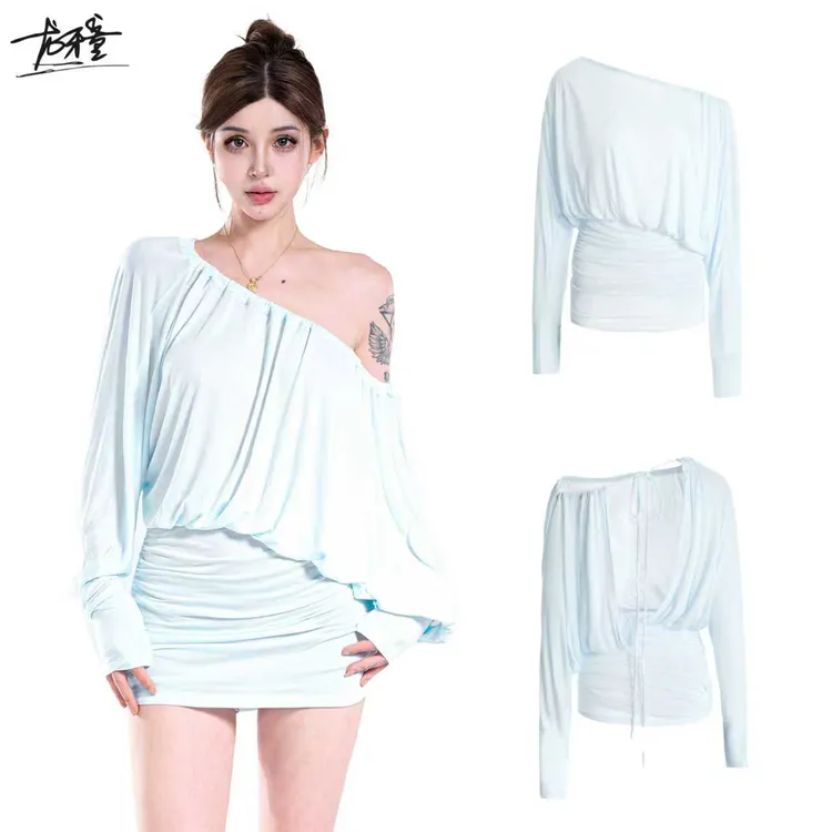 龙牙童推荐【雾蓝柔影】纯欲风露背斜肩长袖显瘦收腰浅蓝色辣妹短裙