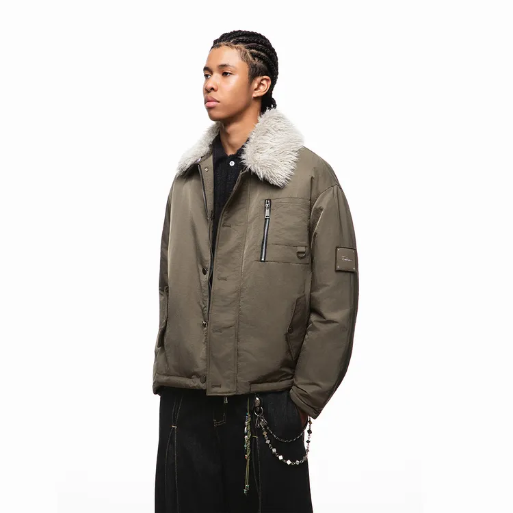 潮街区可拆卸毛领贴布刺绣褶皱猎装棉服夹克男冬季座山雕外套棉衣