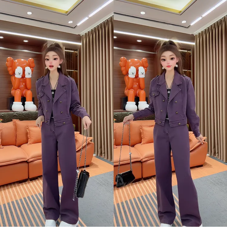8358紫色牛仔时尚套装阔腿显瘦休闲韩版秋季西服领两件套