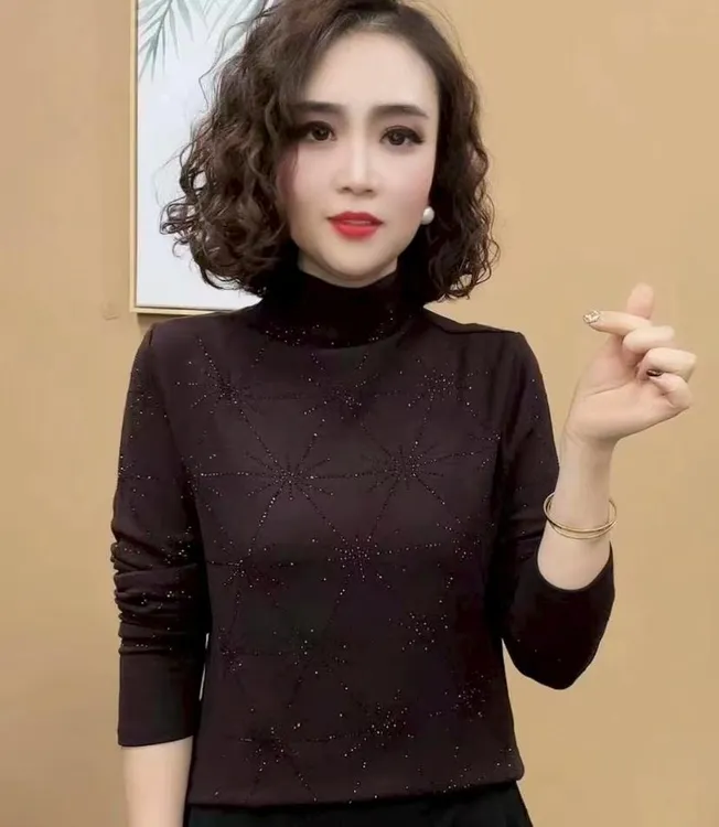半高领烫钻打底衫秋冬妈妈装长袖T恤衫显瘦百搭纯色妈妈德绒上衣