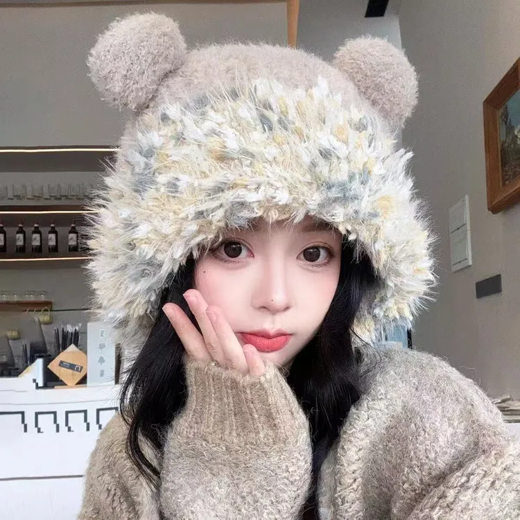 2025年冬季可爱小熊耳朵毛绒帽子保暖护耳针织帽百搭显脸小包头帽