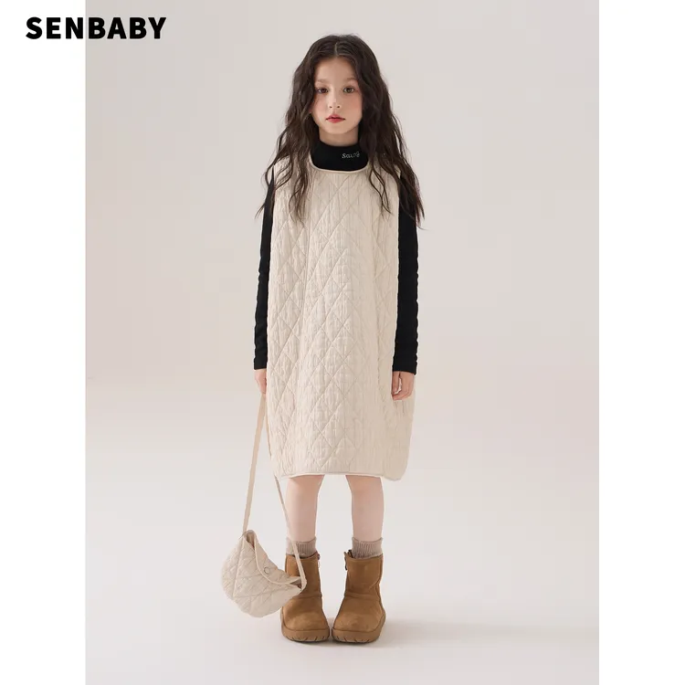 【现货】senbaby女童无袖裙秋冬新款韩版绗棉保暖连衣裙(配包包)