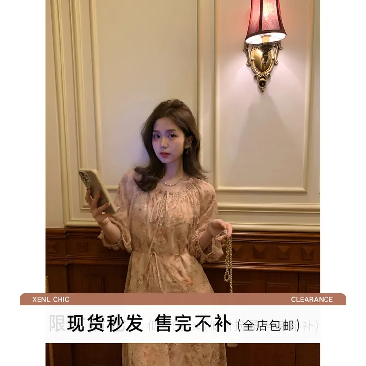 清仓陳文文【莫奈花园】温柔风中袖碎花连衣裙女绑带国风长裙L3988