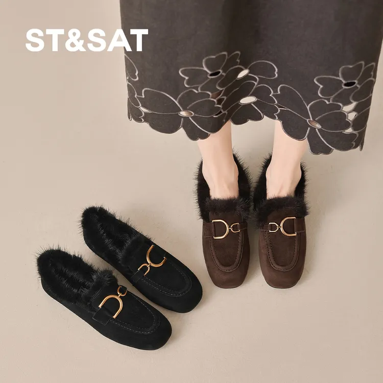 星期六2025冬季新款平底乐福鞋女加绒保暖水貂毛毛一脚蹬深口单鞋