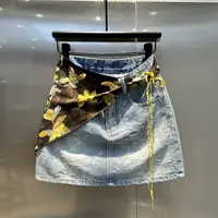 欧货2025年夏季新款印花丝巾浮雕刺绣花朵牛仔半身裙高腰a字短裙