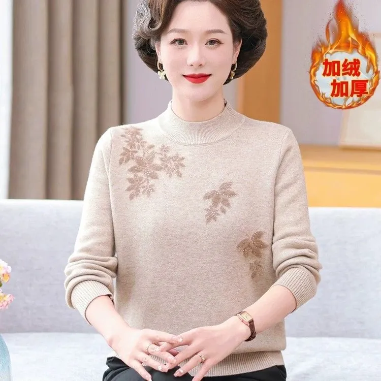 妈妈装秋冬加绒加厚毛衣一体绒针织打底衫中老年内搭宽松保暖上衣