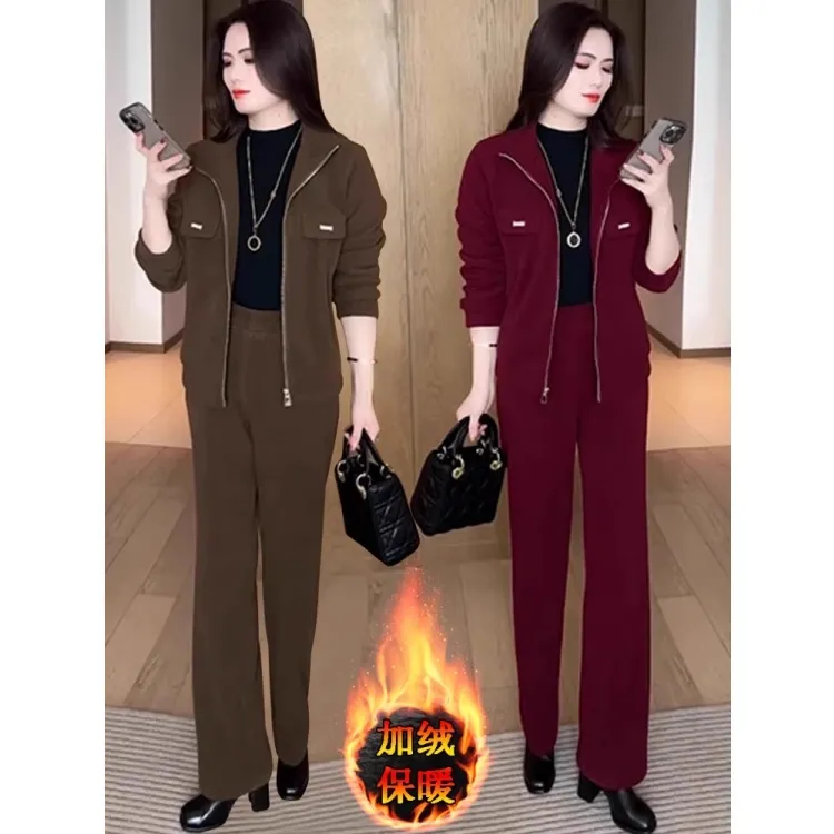 拉夏贝尔加绒时尚潮流套装女2025秋冬新款立领短外套阔腿裤两件套