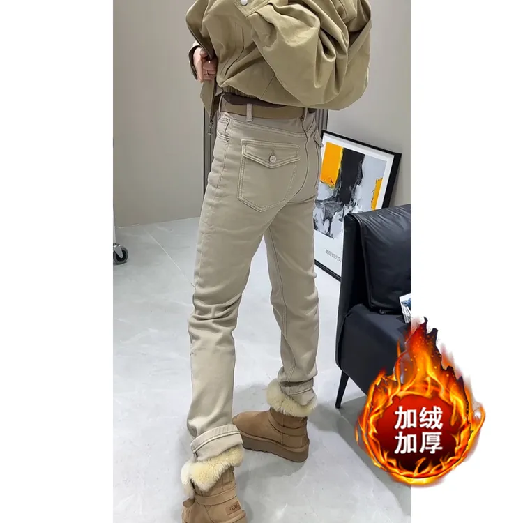 艾塔莉高腰设计感窄版直筒牛仔裤冬季女款加绒加厚显瘦百搭直筒裤