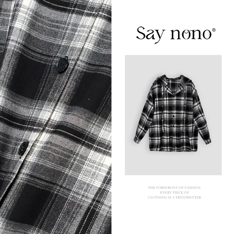懒猫nono│Saynono 时尚复古风百搭气质格纹休闲连帽衬衫X08039F